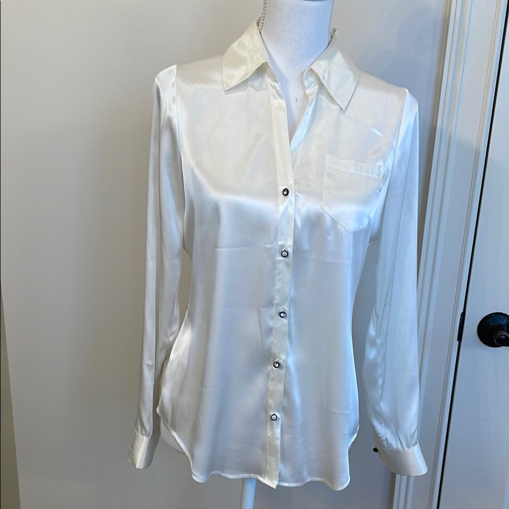Elegant White Satin Blouse Long Sleeve